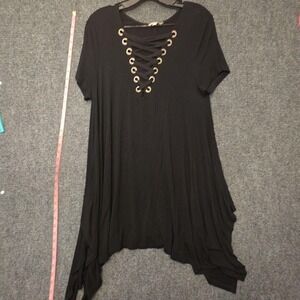 Umgee Dress M Black Lace Up V Neck Asym Swing T Shirt Tunic Trapeze Whimsygoth